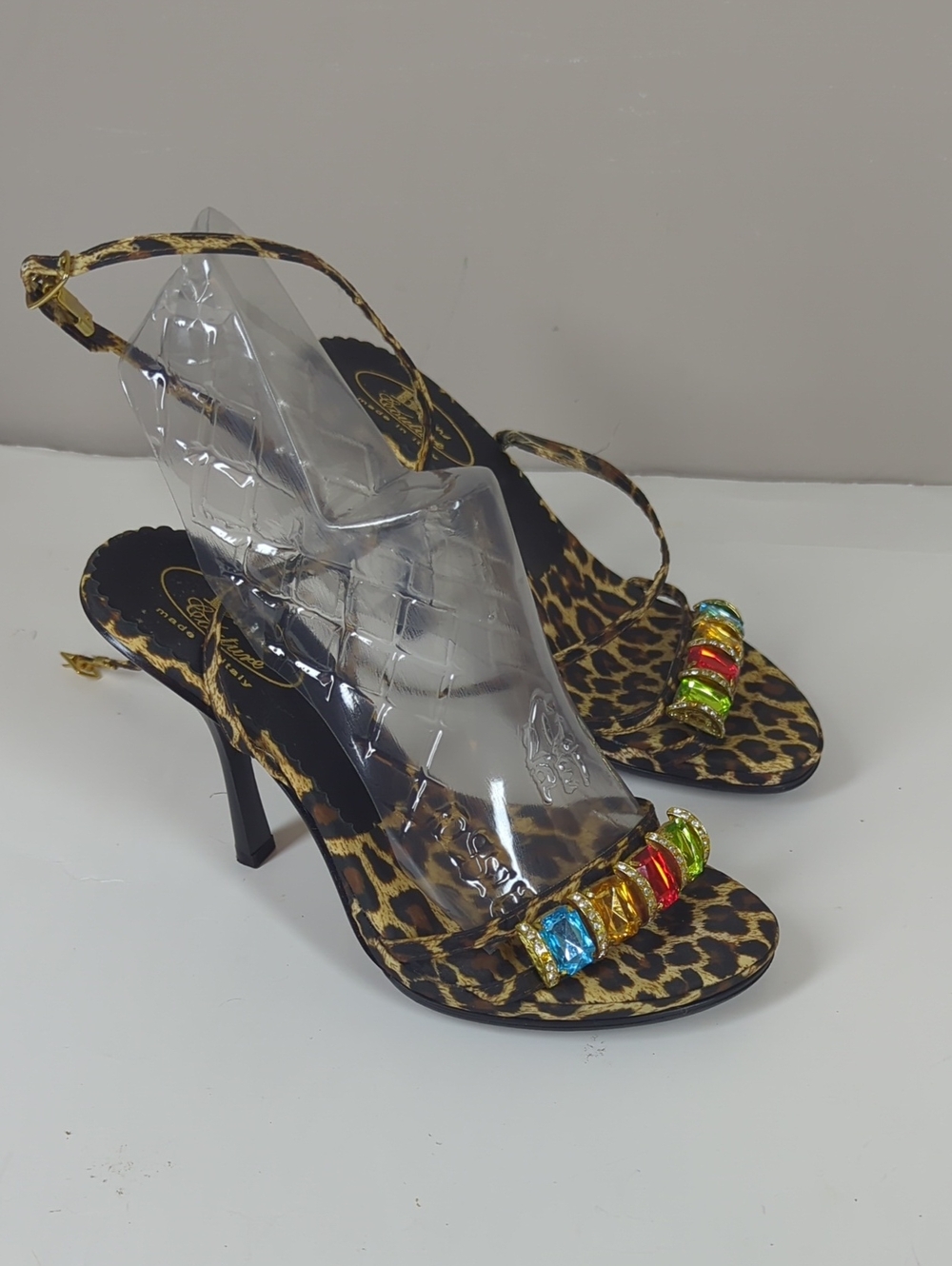 Y2K Browns Leopard Print Slingback Heels with Multicolor Gem Accents